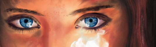 "Ignite" art print by Chris Luberger features a woman’s blue eyes, reddish-brown hair, warm skin, glossy finish; size visible.