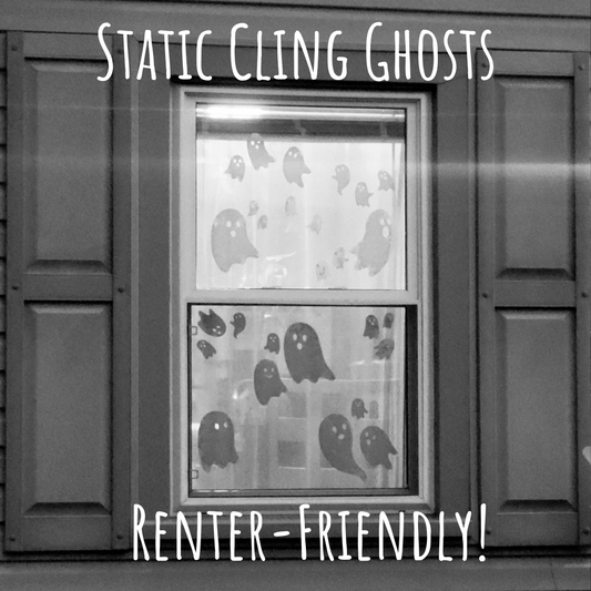 Ghosts Static Cling Set for windows by InkBird Print Studio; white vinyl, adhesive-free, renter-friendly, with black shutter accents.