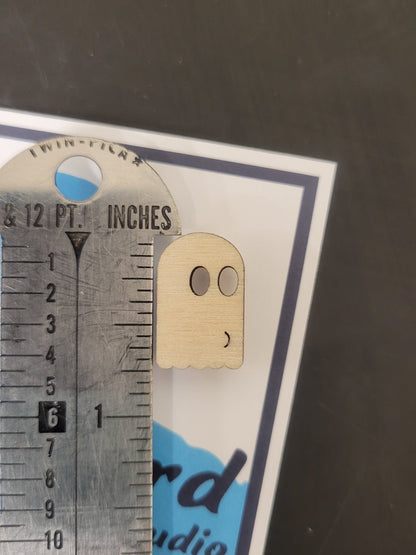 Laser-cut birch wood BOOner Ghost pin by InkBird, 1.25 tall, features black eyes and mouth; photo includes metal ruler.