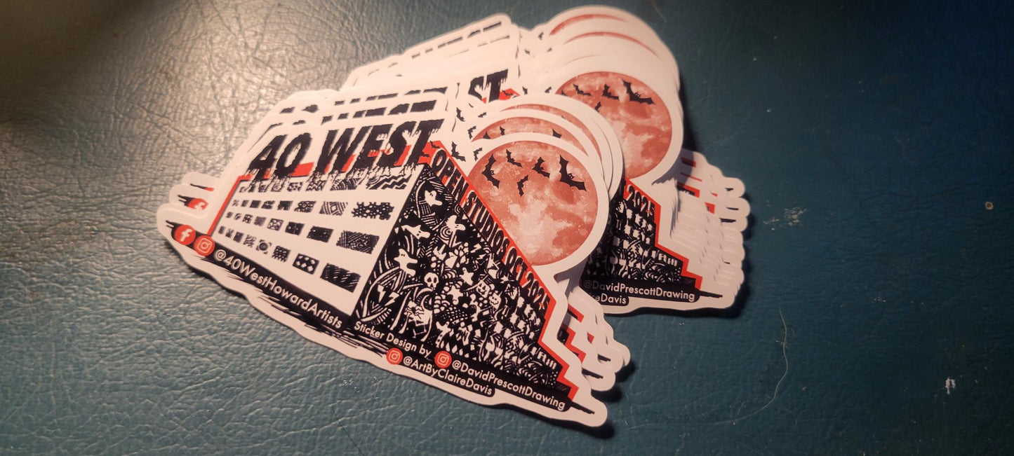 InkBird Print Studio die-cut vinyl stickers feature black-and-white cityscape, red full moon, 40 WEST, and social media tags.