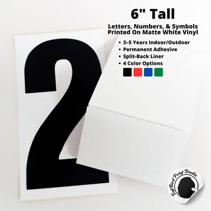 a black number 2 printed on matte white vinyl, next to another decal seen from the back, showing the split back liner. 

Printed text is 6 inches tall, letters numbers and symbols printed on matte white vinyl that is 7" tall (1/2" on all sides between the printed text and the edge of the decal)

3–5 Years Indoor/Outdoor
Permanent Adhesive
Split-Back Liner
4 Color Options (black, red, blue, green)

The InkBird Print Studio logo is shown on the bottom right as a peeling sticker image.