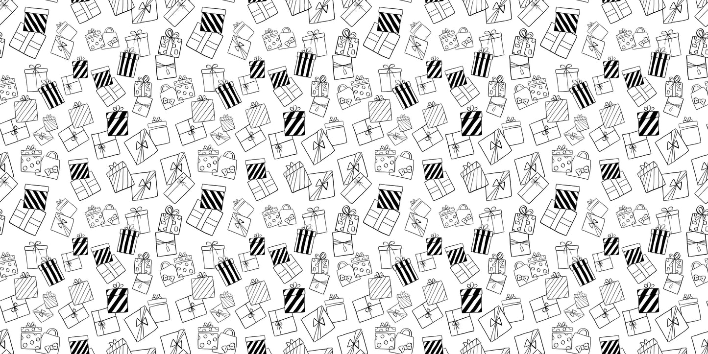 InkBird Print Studio vinyl wrapping paper with black and white hand-drawn gift boxes and bows, unique for stylish custom gift wrap.
