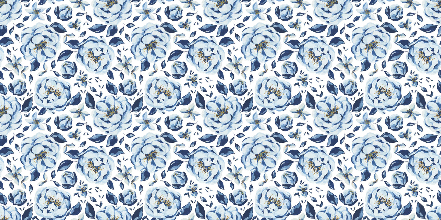 Wrapping paper with blue and white watercolor peonies and leaves on light background, vinyl finish, from InkBird Print Studio LLC.