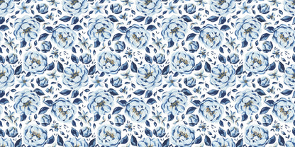 Wrapping paper with blue and white watercolor peonies and leaves on light background, vinyl finish, from InkBird Print Studio LLC.