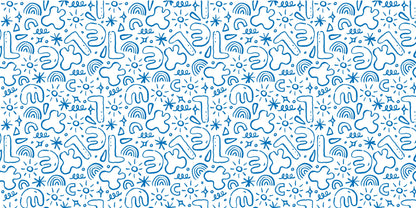 InkBird Print Studio blue doodle wrapping paper, white vinyl, seamless stars and squiggles pattern, playful gift wrap sheet.