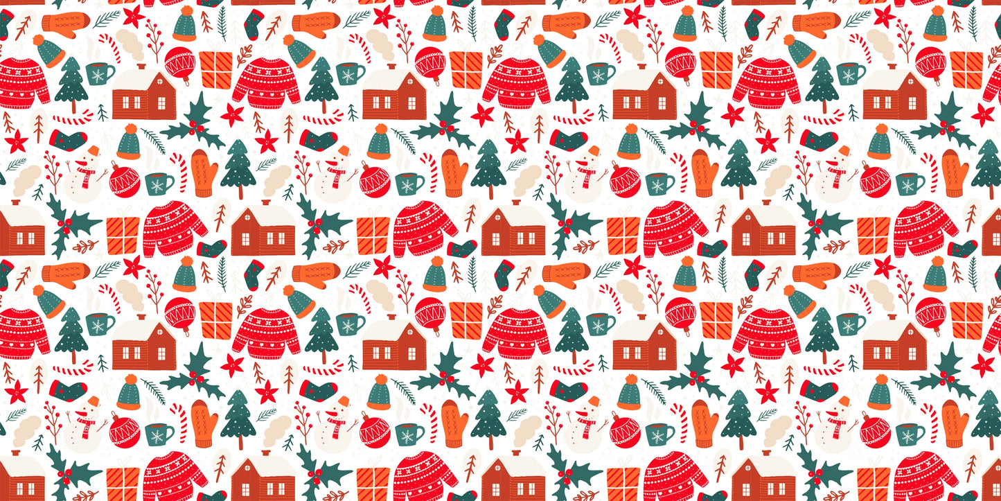 Holiday wrapping paper by InkBird Print Studio, vinyl finish, white base with red sweaters, mittens, trees, candy canes; 24x36 inches.