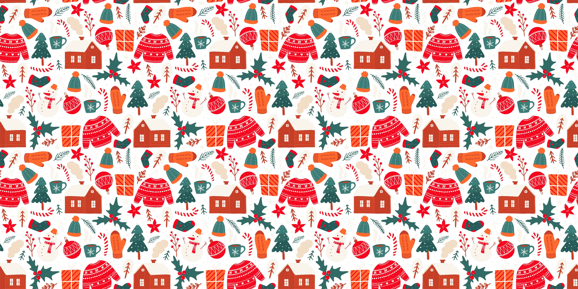 Holiday wrapping paper by InkBird Print Studio, vinyl finish, white base with red sweaters, mittens, trees, candy canes; 24x36 inches.