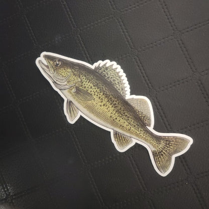 Premium die cut vinyl fish sticker with extended fins on a black diamond-patterned background, by InkBird Print Studio LLC. Printed for Good Days Marina