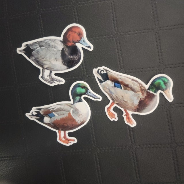 Set of 3 die cut vinyl duck stickers by InkBird Print Studio—2 green-headed, 1 reddish-brown—on black textured background. Printed for Good Days Marina