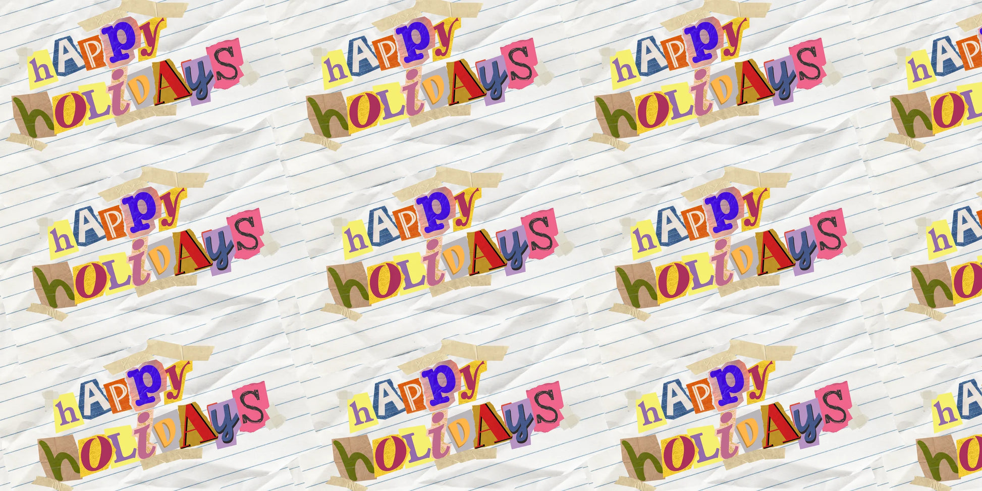 InkBird Print Studio’s vinyl wrapping paper showcases “happy holidays” in colorful magazine cutout letters on lined paper with yellow tape.