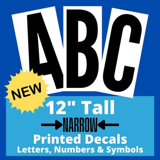 12 narrow letter and number vinyl decals by InkBird Print Studio; permanent adhesive, bold ABC, yellow NEW starburst, blue background.