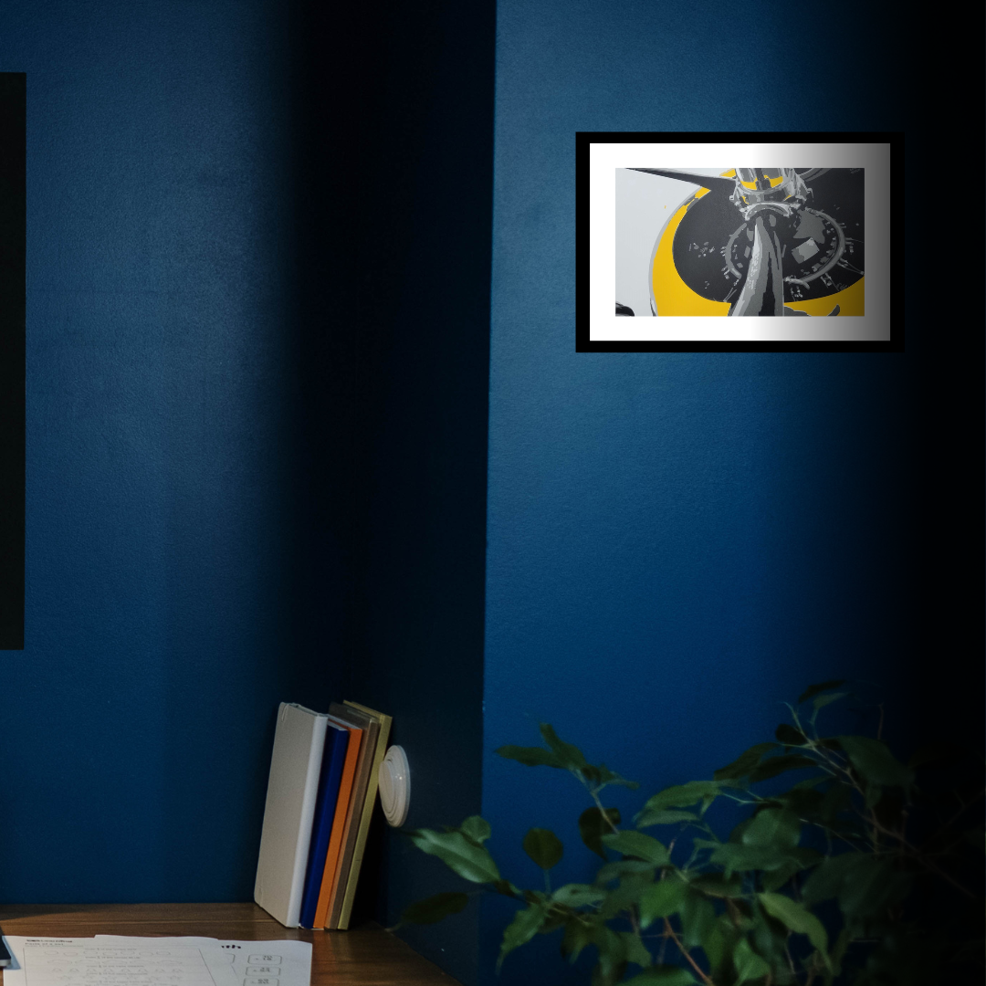 Unframed TMB-3 Avenger 309 WWII torpedo bomber print by Claire Davis of InkBird Print Studio on matte paper, blue wall background, 