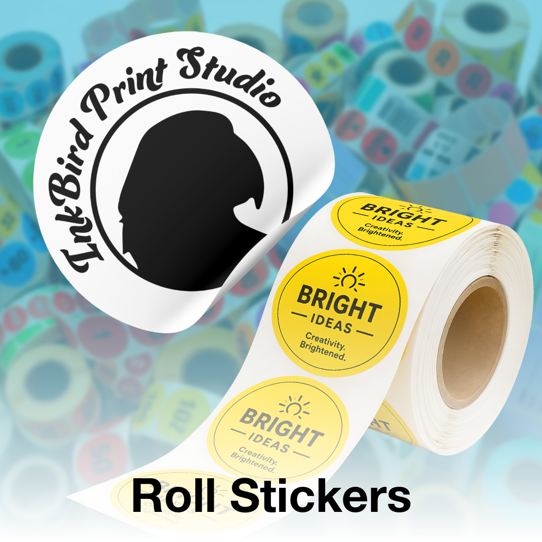 A roll of round sticker labels and a large sample sticker shown on a colorful blurred background. The sticker design features a black silhouette logo with the text 'InkBird Print Studio' on a white circle, and repeated circular labels on the roll with a yellow center reading 'BRIGHT IDEAS' and 'Creativity, Brightened.
