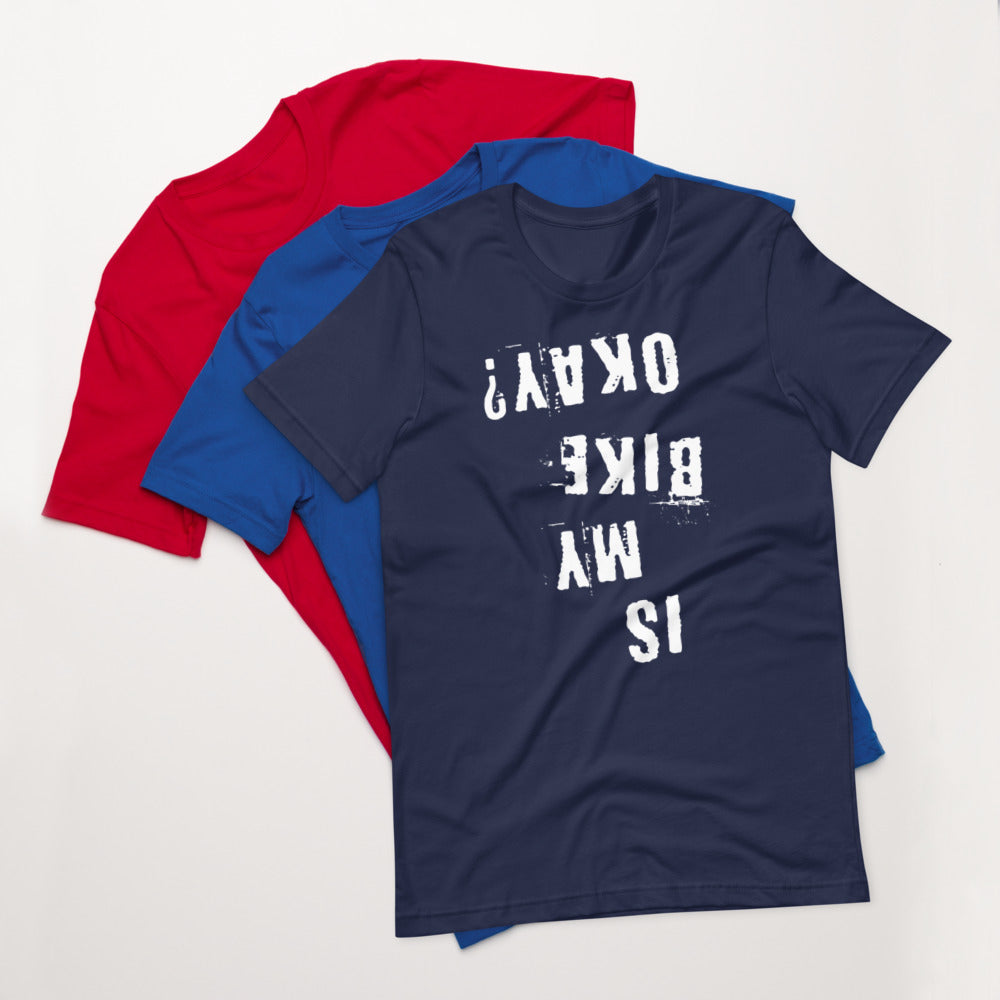 InkBird Print Studio’s cotton t-shirts: red, blue, and a top black tee with “Is My Bike Okay?” in distressed white vinyl, upside down.