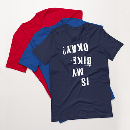 InkBird Print Studio’s cotton t-shirts: red, blue, and a top black tee with “Is My Bike Okay?” in distressed white vinyl, upside down.