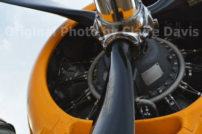 The original photo that inspired the print of a WWII TMB-3 Avenger airplane vinyl sticker with yellow cowling, propeller detail, photo by Claire Davis of InkBird Print Studio