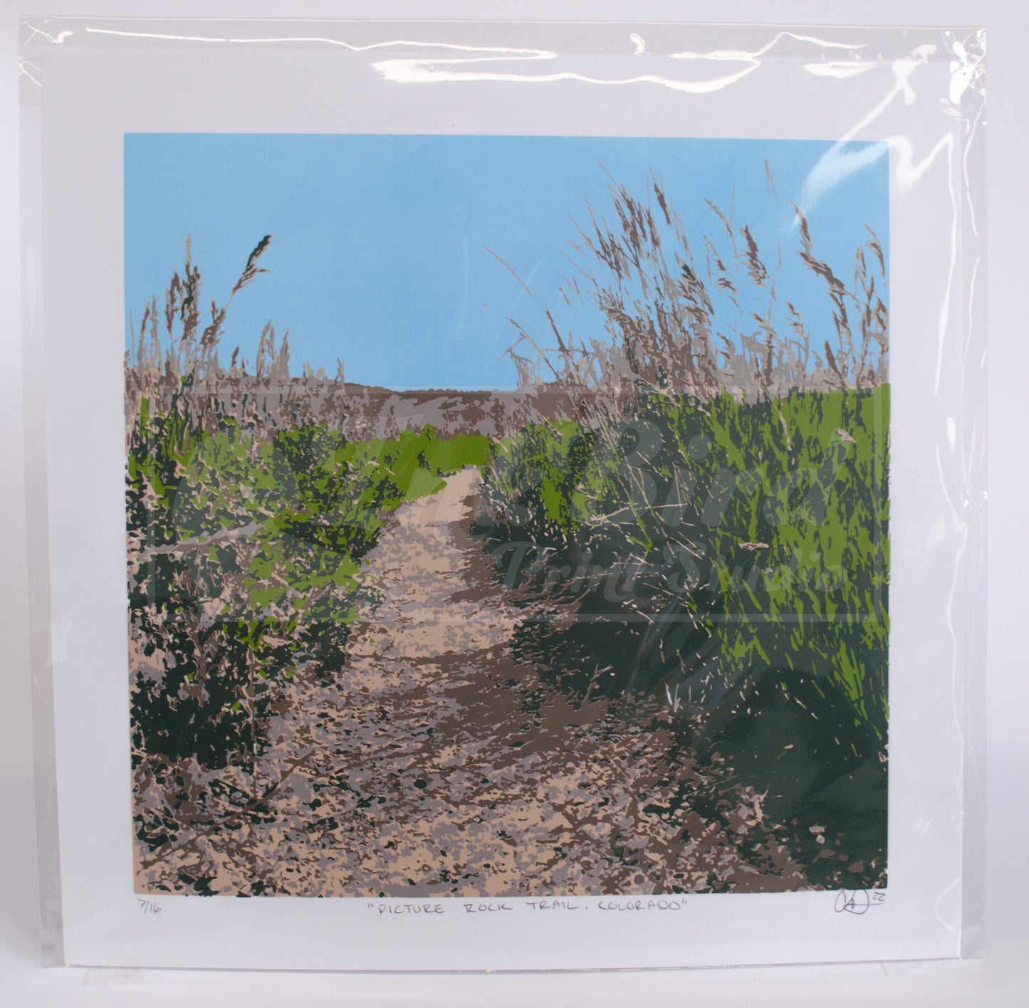 The original Daylight version of "Picture Rock Trail, Colorado", a 6 color handpulled screenprint by InkBird Print Studio. Shown here in a cellophane sleeve.