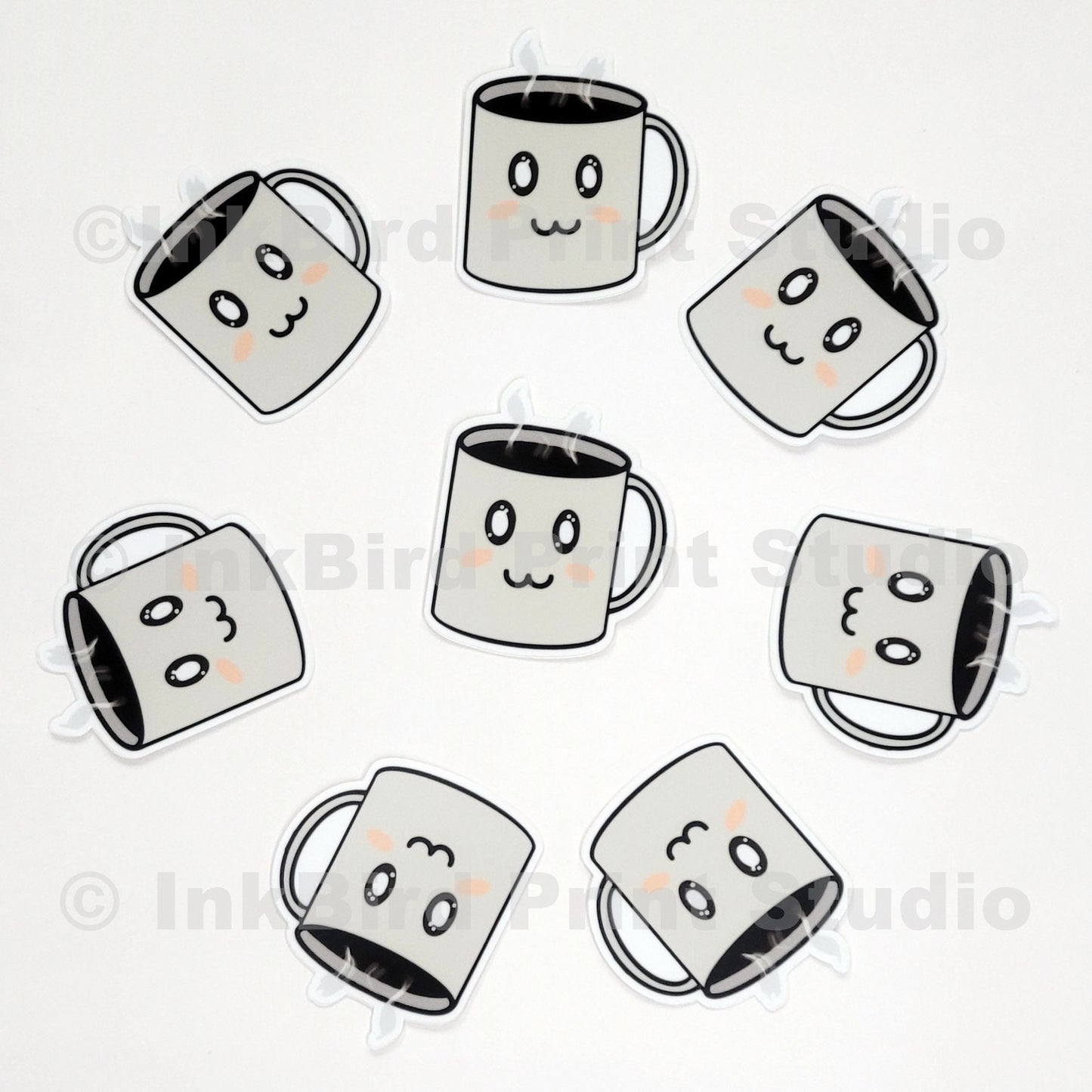 Vinyl coffee cup sticker set by InkBird Print Studio, eight colorful mugs with blushing faces and steam, 2-inch adhesive decals.
