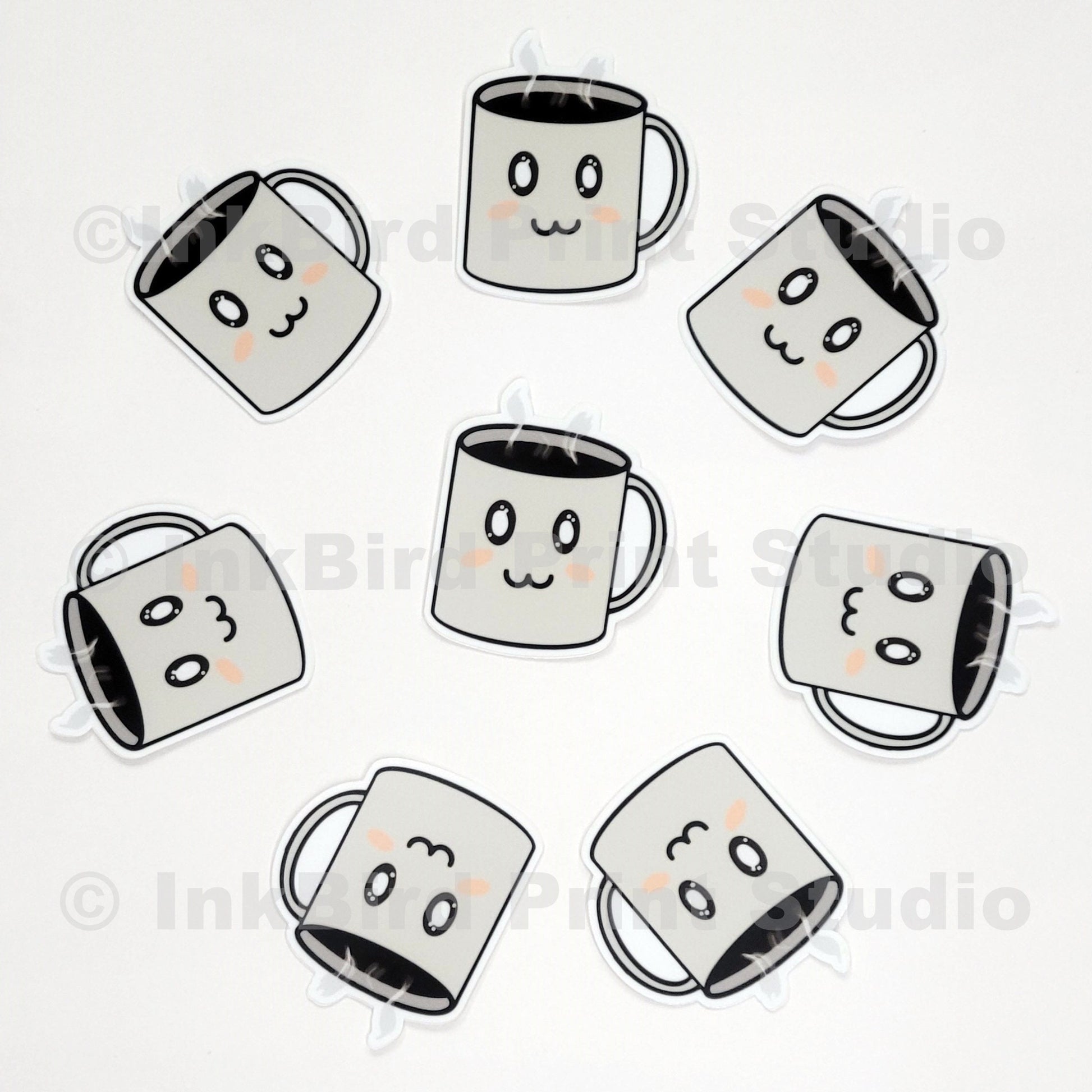 Vinyl coffee cup sticker set by InkBird Print Studio, eight colorful mugs with blushing faces and steam, 2-inch adhesive decals.