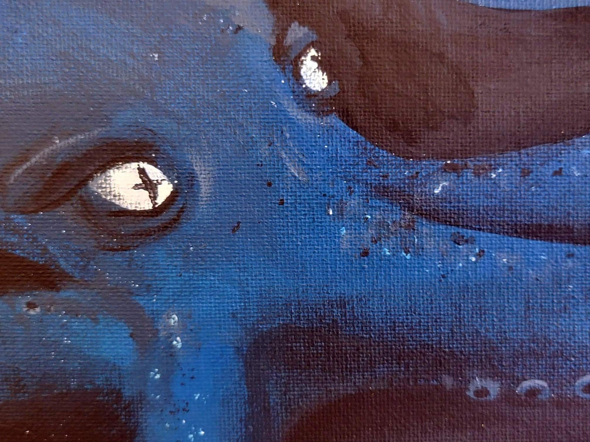 Octopus art print on glossy vinyl, 11x14, features vivid blue tones, textured brushstrokes, bold eyes; by InkBird Print Studio.