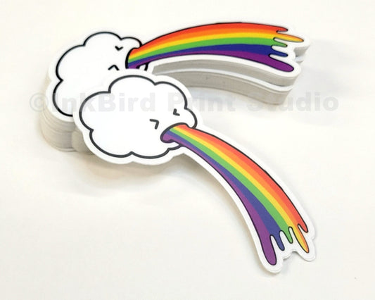 Vinyl Rainbow Cloud Sticker by InkBird Print Studio—white cloud cartoon face, vivid rainbow vomit, weatherproof, 3-inch adhesive decal.